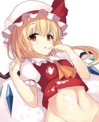 Rule 34 | 1girl, ascot, blonde hair, bottomless, chocolate, commentary request, finger to mouth, flandre scarlet, food, food on clothes, food on face, food on hand, groin, hat, hat ribbon, janne cherry, looking at viewer, mob cap, navel, out-of-frame censoring, puffy short sleeves, puffy sleeves, restrained, ribbon, shirt, short sleeves, side ponytail, solo, suggestive fluid, toned, touhou, vest, white chocolate, white day, wings