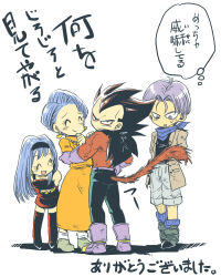 Rule 34 | bent over, black hairband, blue hair, blue neckerchief, boots, bra (dragon ball), brown hair, brown jacket, bulma, closed eyes, commentary request, dragon ball, dragon ball gt, earrings, family, father and daughter, father and son, gloves, grey shorts, hairband, husband and wife, jacket, jewelry, long hair, long skirt, monkey tail, mother and daughter, mother and son, neckerchief, open mouth, orange skirt, purple eyes, purple gloves, purple hair, senka-san, short hair, shorts, skirt, smile, super saiyan, super saiyan 4, sweatdrop, tail, thigh boots, translation request, trunks (dragon ball), vegeta