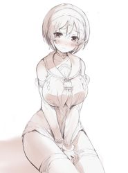 Rule 34 | 1girl, between legs, blush, breasts, choker, commentary, detached sleeves, hairband, hand between legs, highres, kantai collection, large breasts, monochrome, natori (kancolle), short hair, sketch, solo, sumisu (mondo), tears, thighhighs, wavy mouth
