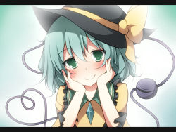 Rule 34 | 1girl, blush, head rest, creta (taku10), eyeball, female focus, green eyes, green hair, hands on own cheeks, hands on own face, hat, heart, heart of string, komeiji koishi, letterboxed, looking at viewer, matching hair/eyes, short hair, smile, solo, third eye, touhou