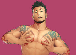 Rule 34 | 1boy, arm tattoo, bara, black hair, facial hair, gyee, itto (mentaiko), large pectorals, looking at viewer, male focus, muscular, muscular male, nipples, pectorals, pink background, priapus, priapus a. tarou, short hair, shoulder tattoo, solo, tattoo, tongue, tongue out, upper body
