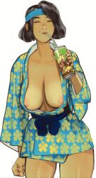 Rule 34 | 1girl, areola slip, bathrobe, blue bow, blue sash, bow, breasts, closed eyes, contrapposto, cowboy shot, drinking, drinking straw, headband, highres, large breasts, mole, mole above mouth, mossacannibalis, original, sash, short hair, simple background, solo, standing, white background