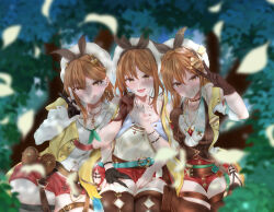 Rule 34 | 3girls, :p, absurdres, aqua belt, atelier (series), atelier ryza, atelier ryza 1, atelier ryza 2, atelier ryza 3, belt, beret, blurry, blurry background, blurry foreground, boots, braid, breasts, brown eyes, brown gloves, brown hair, brown vest, cleavage, collared shirt, deep skin, depth of field, double v, eyelashes, forest, gloves, green neckerchief, hair between eyes, hair ornament, hand on another&#039;s thigh, hand up, hands up, hat, highres, jacket, jewelry, large breasts, leaning on person, locked arms, long hair, long sleeves, medium hair, micro shorts, mizuki mukawa, multiple girls, multiple persona, nature, neckerchief, necklace, off shoulder, open mouth, outdoors, parted bangs, pouch, red shorts, reisalin stout, shirt, short sleeves, shorts, sidelocks, sitting, skindentation, teeth, thick thighs, thigh belt, thigh boots, thigh pouch, thigh strap, thighs, time paradox, tongue, tongue out, v, vest, white headwear, yellow jacket