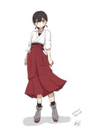 Rule 34 | 1girl, absurdres, black hair, black socks, blue ribbon, boots, brown eyes, commentary request, dated, dougi, folded ponytail, full body, grey footwear, hair ribbon, hakama, hakama short skirt, hakama skirt, highres, japanese clothes, kantai collection, kasuga maru (kancolle), long hair, looking at viewer, neve (morris-minicooper), one-hour drawing challenge, red hakama, ribbon, signature, simple background, skirt, socks, solo, standing, swept bangs, tareme, twitter username, white background