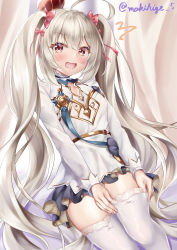Rule 34 | 1girl, absurdres, azur lane, blonde hair, blush, breasts, brown eyes, crown, fang, highres, long hair, makihige, open mouth, small breasts, solo, thighhighs, twintails, twitter username, valiant (azur lane), white thighhighs