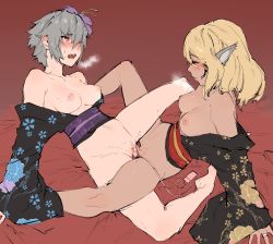 Rule 34 | 2girls, animal ears, bare shoulders, barefoot, black kimono, blonde hair, blush, breasts, celica (xenoblade x), cleft of venus, collarbone, commentary, cross (xenoblade x), dark-skinned female, dark skin, english commentary, flower, grey hair, hair between eyes, hair flower, hair ornament, highres, japanese clothes, jewelry, kenshin187, kimono, long sleeves, medium breasts, multiple girls, nipples, obi, open mouth, original, purple eyes, pussy, pussy juice, ring, sash, sex toy, short hair, sleeves past wrists, sweat, tribadism, uncensored, vibrator, xenoblade chronicles (series), xenoblade chronicles x, yuri