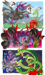 Rule 34 | absurdres, anger vein, angry, apple, black sclera, black wings, blue fur, body fur, colored sclera, creatures (company), dragon, dragon horns, fang, fangs, food, forest, fruit, full body, game freak, gen 5 pokemon, highres, horns, hydra, hydrapple, hydreigon, leaf, multiple heads, multiple wings, nature, nintendo, no humans, open mouth, pkbunny, pokemon, pokemon (creature), question mark, red eyes, red pupils, scared, serpent, sharp teeth, skin fang, spread wings, surprised, tail, teeth, tongue, tongue out, wings, yellow eyes