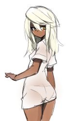 Rule 34 | 1girl, ass, breasts, dark skin, dark-skinned female, guilty gear, guilty gear xrd, kaname nagi, long hair, looking back, pantylines, ramlethal valentine, shirt, simple background, small breasts, solo, t-shirt, white hair, yellow eyes