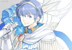 Rule 34 | 1boy, bad id, bad twitter id, blue eyes, blue flower, blue hair, bouquet, cape, crests (fire emblem), fire emblem, fire emblem: mystery of the emblem, fire emblem heroes, flower, formal, gloves, groom, looking at viewer, male focus, marth (fire emblem), nintendo, short hair, smile, solo, tiara, toyo sao, tuxedo, weapon, white gloves