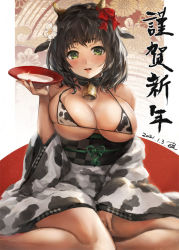 Rule 34 | 1girl, 2021, alcohol, animal ears, animal print, bare shoulders, bell, bikini, bikini top only, black hair, blush, breasts, chinese zodiac, cleavage, commentary request, cow ears, cow girl, cow horns, cow print, cowbell, cup, flower, green eyes, hair flower, hair ornament, holding, horns, japanese clothes, kimono, large breasts, long sleeves, looking at viewer, micro bikini, nail polish, new year, off shoulder, original, parted lips, sakazuki, short hair, sitting, skindentation, smile, solo, string bikini, swimsuit, toka (marchlizard), translation request, wide sleeves, year of the ox
