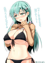 Rule 34 | 10s, 1girl, bikini, black bikini, blush, breasts, clothes lift, covered erect nipples, front-tie bikini top, front-tie top, gin&#039;ichi (akacia), green eyes, green hair, hair ornament, hairclip, kantai collection, large breasts, long hair, matching hair/eyes, navel, open mouth, school uniform, shirt lift, side-tie bikini bottom, simple background, sleeves past wrists, solo, suzuya (kancolle), swimsuit, text focus, translated, twitter username, underboob, upper body, white background
