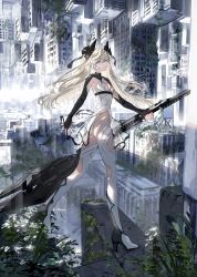 Rule 34 | 1girl, abandoned, absurdres, ass, blonde hair, blue eyes, boots, breasts, building, bush, cleavage, closed mouth, commentary request, flat ass, full body, gawako, hairpods, high heel boots, high heels, highres, holding, holding sword, holding weapon, long hair, looking at viewer, original, outdoors, ruins, science fiction, shirt, small breasts, solo, sword, thigh boots, thighhighs, weapon, white shirt, white thighhighs