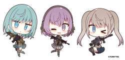 Rule 34 | &gt; o, 3girls, :&lt;, ;), ;d, anti-materiel rifle, assault rifle, barrett m82, black gloves, black skirt, black socks, blazer, blue eyes, blue legwear, blush, boots, brown footwear, brown gloves, brown hair, brown jacket, character request, chibi, closed mouth, copyright notice, ear protection, gloves, green hair, grey footwear, grey skirt, gun, hair between eyes, headset, holding, holding gun, holding weapon, jacket, knee pads, kneehighs, little armory, m4 carbine, multiple girls, muuran, official art, one eye closed, open mouth, parted lips, plaid, plaid skirt, pleated skirt, purple eyes, purple hair, purple jacket, rifle, simple background, skirt, smile, sniper rifle, socks, tomytec, triangle mouth, twintails, twitter username, weapon, weapon request, white background