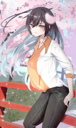 Rule 34 | 1girl, absurdres, black hair, black pants, blurry, blurry foreground, breasts, cherry blossoms, depth of field, falling petals, feet out of frame, floating hair, hair between eyes, highres, idolmaster, idolmaster shiny colors, leaning on object, light smile, looking at viewer, medium breasts, outdoors, pants, petals, sazanami (re n rentaro), see-through silhouette, shirase sakuya, solo, two-tone shirt