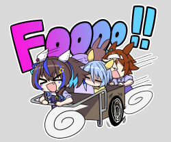 Rule 34 | &gt; &lt;, 1other, 4girls, = =, bamboo memory (umamusume), blue hair, bow, brown hair, cart, closed eyes, colored inner hair, commentary request, daitaku helios (umamusume), ear covers, ear ornament, ear piercing, facial tattoo, fang, gloom (expression), grey background, headband, k.s.miracle (umamusume), light blue hair, medium hair, multicolored hair, multiple girls, open mouth, oshiri no1, piercing, puffy short sleeves, puffy sleeves, purple bow, purple shirt, running, sailor collar, school uniform, shirt, short sleeves, side ponytail, simple background, smile, streaked hair, summer uniform, tattoo, tracen school uniform, umamusume, wheel o feet, white headband