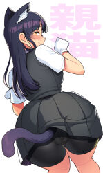 Rule 34 | 1girl, animal ear fluff, animal ears, bike shorts, bike shorts under skirt, black hair, black shorts, black skirt, black vest, blush, cat ears, cat tail, closed mouth, feet out of frame, gloves, kantai collection, long hair, looking at viewer, oyashio (kancolle), pleated skirt, shirt, short sleeves, shorts, simple background, skirt, smile, solo, tail, taketora suzume, vest, white background, white gloves, white shirt, yellow eyes