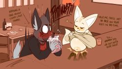 Rule 34 | 1boy, 1girl, aggressive retsuko, alcohol, bar (place), beer, blush, breast rest, breasts, breasts on table, english text, fakeryway, fenneko, furry, haida (aggretsuko), highres, huge breasts, indoors, looking at another, one breast out, sanrio, surprised