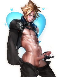 Rule 34 | 1990s (style), 1boy, abs, bad anatomy, blonde hair, cloud strife, cum, final fantasy, final fantasy vii, highres, leather, looking at viewer, male focus, muscular, pectorals, penis, sakimichan, solo, tagme, uncensored, undressing