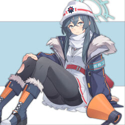 Rule 34 | 1girl, absurdres, armband, blue archive, boots, bubble1995, coat, fallen down, fur-trimmed coat, fur trim, grey eyes, grey hair, halo, hard hat, helmet, highres, long hair, megaphone, minori (blue archive), pantyhose, scarf, tears, thighs, torn clothes, torn pantyhose