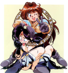 Rule 34 | 2girls, antenna hair, black hair, blue eyes, blush, boots, breasts, cape, circlet, constricted pupils, gloves, headband, large breasts, lina inverse, long hair, multiple girls, naga the serpent, one eye closed, pants, red eyes, red hair, revealing clothes, shiny skin, slayers, smile, star (symbol), strangling, tongue, tongue out, torn clothes, translation request, wink