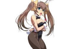 Rule 34 | 10s, 1girl, animal ears, blue eyes, bow, bowtie, breasts, brown hair, cleavage, fake animal ears, female focus, huang lingyin, infinite stratos, jaga note, large breasts, leotard, long hair, looking at viewer, open mouth, pantyhose, playboy bunny, rabbit ears, simple background, solo, standing, tail, twintails, white background, wrist cuffs