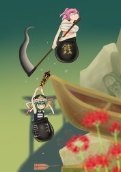 Rule 34 | 2girls, armpits, arms up, bare arms, bare shoulders, boat, breasts, bright pupils, climbing, commentary request, expressionless, flower, gameplay mechanics, getting over it, green hair, hair bobbles, hair ornament, hat, hat ribbon, highres, holding, holding scythe, in pot, jizou, large breasts, medium hair, midriff peek, motion blur, multiple girls, name tag, oar, onozuka komachi, parody, pink eyes, pink hair, purple eyes, red ribbon, ribbon, rock, rod of remorse, sarashi, school swimsuit, scythe, shiki eiki, short hair, spider lily, sweat, swimsuit, torii, touhou, two side up, watercraft, white ribbon, yassy