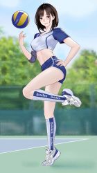 Rule 34 | 1girl, absurdres, ball, black eyes, brown hair, clothes writing, highres, hitomi o, leg up, looking at viewer, original, pinup (style), short hair, sock writing, socks, solo, sportswear, uniform, volleyball, volleyball (object), volleyball uniform