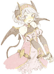 1girl abara_heiki bare_shoulders bat_wings blue_eyes blush breasts collarbone crop_top demon_horns dress frilled_skirt frills grey_hair horns princess_connect! puffy_sleeves simple_background skirt solo upper_body white_background wings yori_(princess_connect!)