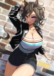 Rule 34 | 1girl, :d, absurdres, animal ears, arm up, azuki (azuki azukki), black jacket, black shorts, breasts, cleavage, commentary request, cowboy shot, cutoffs, grey hair, highres, horse ears, jacket, large breasts, long sleeves, looking at viewer, open mouth, purple eyes, shirt, short hair, short shorts, shorts, smile, solo, standing, striped clothes, striped shirt, tap dance city (umamusume), thighs, umamusume