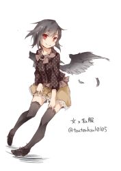 Rule 34 | 1girl, alternate costume, bird wings, black hair, casual, contemporary, jewelry, necklace, polka dot, red eyes, shameimaru aya, solo, thighhighs, touhou, toutenkou, white background, wings