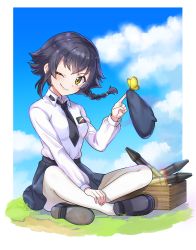 Rule 34 | 10s, 1girl, anzio school uniform, belt, beret, black belt, black footwear, black hair, black hat, black necktie, black skirt, blue sky, box, braid, brown eyes, bug, butterfly, cloud, cloudy sky, commentary, day, dress shirt, emblem, girls und panzer, hand on own leg, hat, head tilt, highres, holding, holding clothes, holding hat, indian style, insect, kakuzatou (boxxxsugar), loafers, long sleeves, loose necktie, miniskirt, necktie, outdoors, pantyhose, pepperoni (girls und panzer), pleated skirt, school uniform, shirt, shoes, short hair, side braid, sitting, skirt, sky, smirk, solo, tank shell, unworn hat, unworn headwear, v-shaped eyebrows, white pantyhose, white shirt