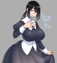 Rule 34 | 1girl, 2021, agawa ryou, black hair, breasts, commentary, dated, english commentary, grey background, large breasts, long hair, looking at viewer, original, ponytail, purple eyes, see-through, smile, solo, thick thighs, thighhighs, thighs