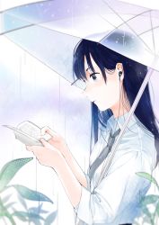 Rule 34 | 1girl, absurdres, blue eyes, blue hair, book, cable divider, closed mouth, dress shirt, earphones, from side, fuyuno kamome, grey necktie, hands up, highres, holding, holding book, leaf, long hair, necktie, open book, outdoors, rain, reading, school uniform, shirt, sleeves rolled up, solo, the r.a.i.n.s., transparent, transparent umbrella, umbrella, upper body, white shirt