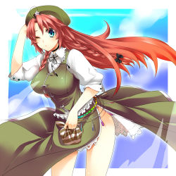 Rule 34 | 1girl, :/, bad id, bad pixiv id, bag, blue eyes, braid, breasts, china dress, chinese clothes, dress, female focus, green dress, hand on headwear, hat, hong meiling, jewelry, large breasts, no panties, one eye closed, petticoat, red hair, solo, tassel, touhou, twin braids, wind, wink, yutazou