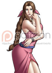 Rule 34 | aerith gainsborough, ass, bare shoulders, braid, breasts, brown hair, choker, cleavage, dress, final fantasy, final fantasy vii, green eyes, hair ornament, hair ribbon, large breasts, lips, long hair, pink dress, ponytail, ribbon, square enix, square soft, thedarkness, thick thighs, thighs, very long hair