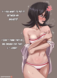 Rule 34 | 1girl, absurdres, anger vein, bandeau, bare shoulders, bikini, black eyes, black hair, bleach, blush, breasts, brown background, collarbone, covering privates, covering breasts, english text, facing to the side, hair between eyes, highres, kuchiki rukia, long bangs, medium hair, navel, off shoulder, open mouth, patreon username, shirt, small breasts, softshikioni, solo, swimsuit, teeth, undressing, upper teeth only, white bikini, white shirt