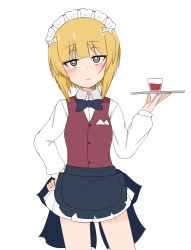 Rule 34 | 1girl, ame (amechan17391739), apron, bartender, black apron, black bow, black bowtie, blonde hair, blunt bangs, bob cut, bow, bowtie, brown vest, closed mouth, commentary, cowboy shot, cup, cutlass (girls und panzer), dress shirt, drinking glass, frilled apron, frills, frown, girls und panzer, hand on own hip, handkerchief, highres, holding, holding tray, light blush, long sleeves, looking at viewer, maid headdress, miniskirt, pleated skirt, school uniform, shirt, short hair, shot glass, simple background, skirt, solo, standing, tray, vest, waist apron, white background, white shirt, white skirt, wing collar, yellow eyes
