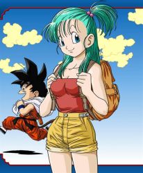 Rule 34 | 1boy, 1girl, :d, age difference, aqua hair, backpack, bag, bare arms, bare legs, bare shoulders, black eyes, black hair, blue eyes, breasts, bulma, c:, cleaned, cleavage, closed mouth, cloud, collarbone, dragon ball, dragon ball (classic), hair bobbles, hair ornament, jpeg artifacts, legs, long hair, looking at viewer, medium breasts, neck, open mouth, randoseru, red tube top, running, shadow, shoes, short hair, shorts, side ponytail, sky, smile, son goku, spiked hair, standing, strapless, tail, teenage girl and younger boy, tube top, tube top, yamamuro tadayoshi, yellow shorts