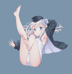 Rule 34 | 1girl, armpits, ass, blue eyes, blush, commentary request, emia wang, garrison cap, hair between eyes, hair ornament, hair ribbon, hat, kantai collection, legs, legs up, long hair, long sleeves, looking at viewer, one-piece swimsuit, open mouth, puffy long sleeves, puffy sleeves, ribbon, simple background, solo, swimsuit, swimsuit under clothes, thighs, u-511 (kancolle), white hair