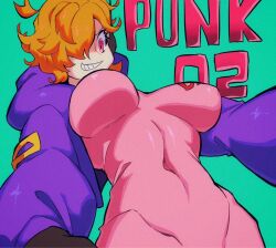 Rule 34 | 1girl, bodysuit, breasts, breasts apart, covered navel, curvy, feet out of frame, foreshortening, gloves, grin, hair over one eye, highres, jacket, kanikanipan3740, large breasts, looking at viewer, numbered, one piece, orange hair, pink bodysuit, pink eyes, purple jacket, shiny clothes, simple background, smile, vegapunk lilith, wide hips