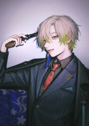 Rule 34 | 1boy, absurdres, aiming, black coat, blonde hair, coat, earrings, formal, from side, green eyes, gun, highres, holding, holding gun, holding weapon, jewelry, kirimi mekabu, looking at viewer, male focus, mole, mole under eye, multicolored hair, necktie, red necktie, rit3set, smirk, spotlight, striped clothes, suit, two-tone hair, weapon