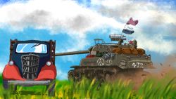 Rule 34 | bad id, bad pixiv id, caterpillar tracks, cloud, day, grass, highres, kakesoba, m8a1, military, military vehicle, motor vehicle, no humans, sky, tank, truck, vehicle focus, weapon, world of tanks