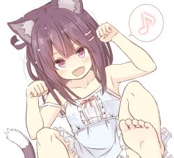 Rule 34 | 1girl, :d, animal ear fluff, animal ears, armpits, bare arms, bare shoulders, barefoot, blush, bow, breasts, brown eyes, brown hair, cat day, cat ears, cat girl, cat tail, center frills, chinchin kemokemo, collarbone, commentary request, dress, eighth note, fang, frilled dress, frills, fujisaki yuu, hair ornament, hairclip, hands up, musical note, narugami yuzuriha, open mouth, paw pose, red bow, sleeveless, sleeveless dress, small breasts, smile, soles, solo, spoken musical note, tail, white dress