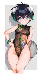 Rule 34 | 1girl, adapted costume, bare shoulders, black hair, black leotard, blue eyes, breasts, chinese clothes, covered navel, double bun, floral print, genderswap, genderswap (mtf), gluteal fold, hair between eyes, hand on own hip, highleg, highleg leotard, highres, houshin engi, leotard, looking at viewer, mimoza (96mimo414), short hair, small breasts, solo, sweatdrop, taikoubou, thighs, tray