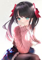 Rule 34 | 1girl, 2021, black hair, black pantyhose, blue eyes, bow, closed mouth, hair bow, highres, hololive, long sleeves, looking at viewer, official alternate costume, oozora subaru, oozora subaru (casual), pantyhose, pink sweater, simple background, sitting, skirt, sleeves past wrists, smile, solo, sweater, twintails, virtual youtuber, white background, yuzukicture