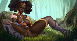 Rule 34 | 1girl, armor, bare shoulders, big hair, black hair, blue eyes, boots, breasts, breasts apart, cleft of venus, clitoral stimulation, clothed masturbation, commentary, corset, dark-skinned female, dark nipples, dark skin, day, english commentary, feather boa, female masturbation, forehead, forehead jewel, full body, gauntlets, gorget, grass, greaves, grey thighhighs, heroes of the storm, jungle, lipstick, makeup, masturbation, mavezar, medium breasts, nature, nipples, nose, pussy, qhira, reclining, ringlets, single gauntlet, sitting, solo, spread legs, striped clothes, striped thighhighs, teeth, thick eyebrows, thick thighs, thighhighs, thighs, tiara, uncensored, upper teeth only, vertical-striped clothes, vertical-striped thighhighs, very dark skin, wide spread legs