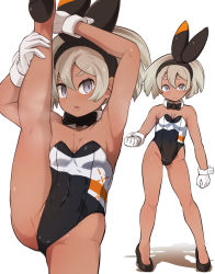 Rule 34 | 1girl, adapted costume, armpits, bare legs, bea (pokemon), black leotard, blonde hair, bow hairband, breasts, cleavage, clenched hands, closed mouth, commentary request, covered abs, creatures (company), dark skin, detached collar, eyelashes, frown, game freak, garoudo (kadouhan&#039;i), gloves, grey eyes, hair between eyes, hairband, high heels, leg hold, leotard, looking at viewer, multiple views, nintendo, playboy bunny, pokemon, pokemon swsh, short hair, split, standing, standing on one leg, standing split, steam, sweat, white gloves