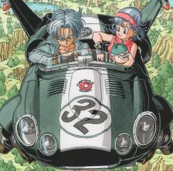 Rule 34 | 1girl, 2boys, aircraft, baby, bare arms, black shirt, blue eyes, blue hair, bulma, capsule corp, denim, denim jacket, dragon ball, dragonball z, driving, dual persona, earrings, elbow rest, forest, from above, grass, green headwear, hair between eyes, hairband, hat, highres, hill, jacket, jewelry, lake, medium hair, messy hair, mother and son, mountain, multiple boys, nature, pectorals, red hairband, serious, shirt, sleeveless, smile, toriyama akira, tree, trunks (dragon ball), trunks (future) (dragon ball), ventilation shaft, watch, water, wristwatch