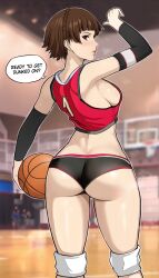 Rule 34 | 1girl, arm up, ass, ass focus, back, backboob, ball, baseball bat, basketball, basketball (object), blurry, blurry background, blush, braid, breasts, brown hair, buruma, closed mouth, crop top, crown braid, feet out of frame, from behind, gluteal fold, gym, highres, holding, holding baseball bat, huge ass, indoors, jersey, knee pads, lepypepy, lips, looking at viewer, looking back, medium breasts, niijima makoto, paid reward available, patreon username, persona, persona 5, red eyes, red shirt, shiny skin, shirt, short hair, sideboob, solo, sportswear, standing, sweat, nervous sweating, thighs, watermark, web address, wedgie, wide hips