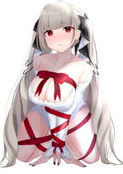 Rule 34 | 1girl, azur lane, bare shoulders, black bow, black nails, black ribbon, blunt bangs, blush, bound, bow, breasts, bridal gauntlets, cleavage, closed mouth, collarbone, commentary request, formidable (azur lane), grey hair, hair bow, hair ribbon, highres, kneeling, large breasts, leotard, long hair, long sleeves, looking at viewer, nail polish, nephthys2356, red bow, red eyes, red ribbon, ribbon, ribbon bondage, simple background, solo, thighs, twintails, two-tone ribbon, very long hair, white background, white leotard, white ribbon